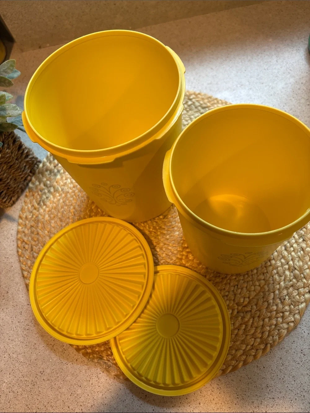 (2) Vintage Tupperware Yellow Servalier Canisters (809 and 811)